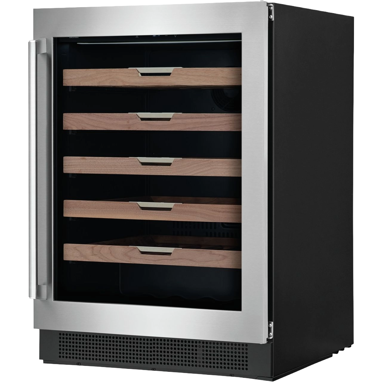 Compact under-counter wine cooler with stainless steel trim, wooden shelves, and glass door for beverage storage collection