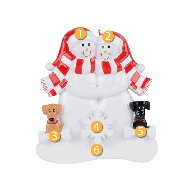 Personalized snow couple figurine wearing red scarves and hats with black and tan dog figures for Christmas décor under $50