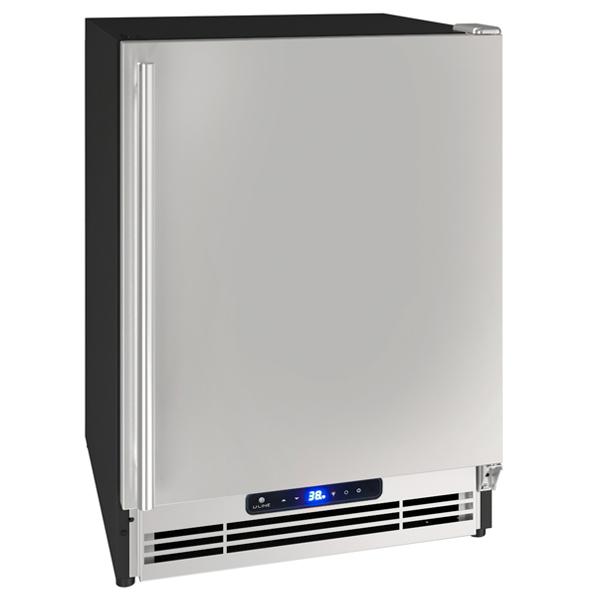 Compact stainless steel refrigerator and ice maker with digital control panel and vented base for kitchen appliance collections