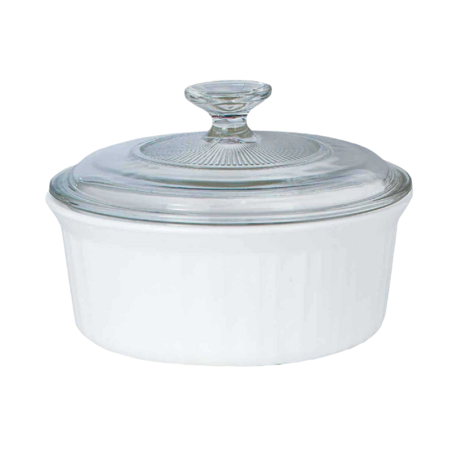 White stoneware casserole dish with clear glass lid for cooking and kitchenware collections under $50