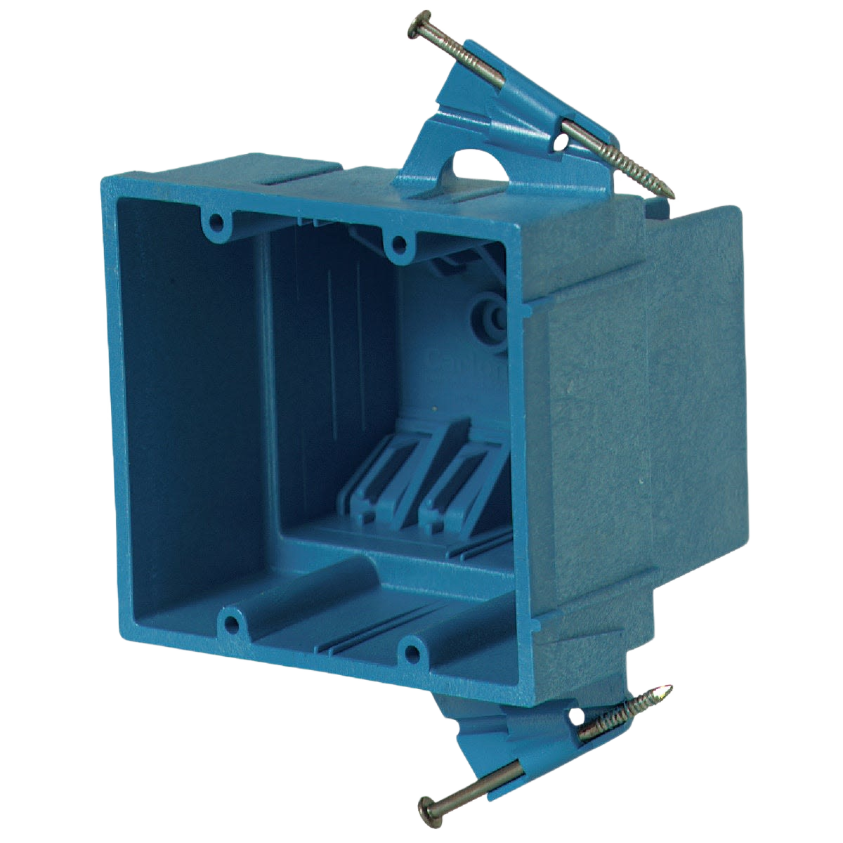 Durable blue electrical wall box with mounting brackets for secure installation in home improvement and electrical projects