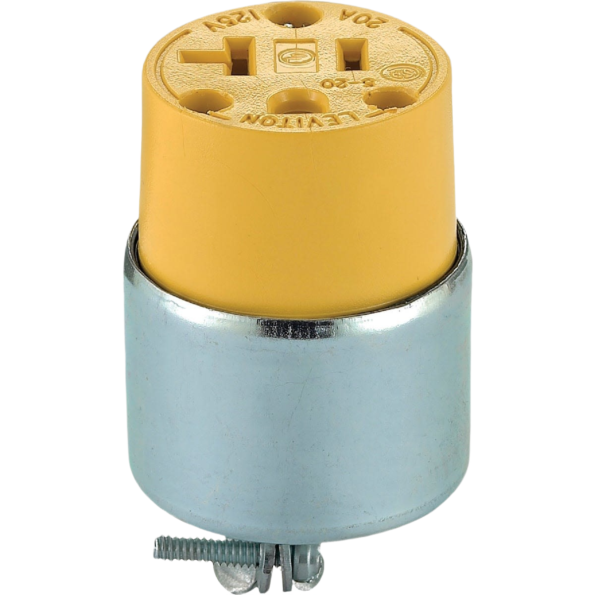 Yellow vinyl armored cord connector with metal base and mounting screws for home improvement tools and electrical projects