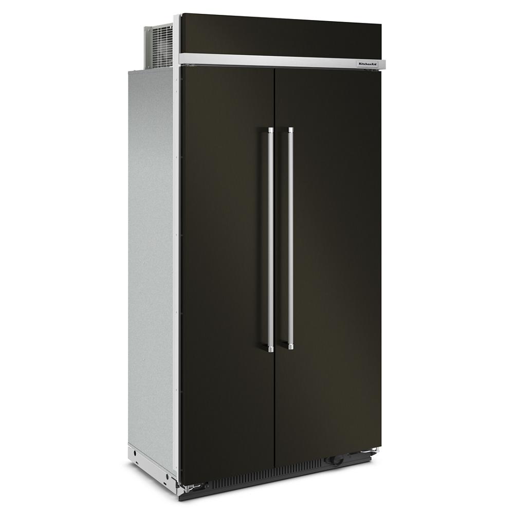 Built-in side-by-side refrigerator with PrintShield™ finish and stainless steel vertical handles from KitchenAid Appliances collection