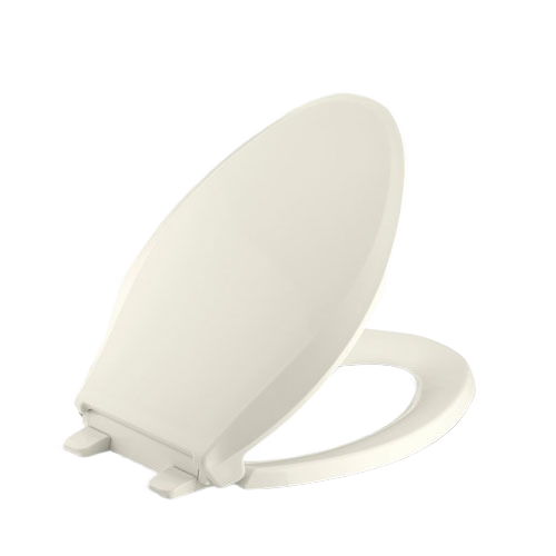 Biscuit-colored elongated toilet seat with quick release hinges and Grip-Tight bumpers for bathroom and home improvement collections