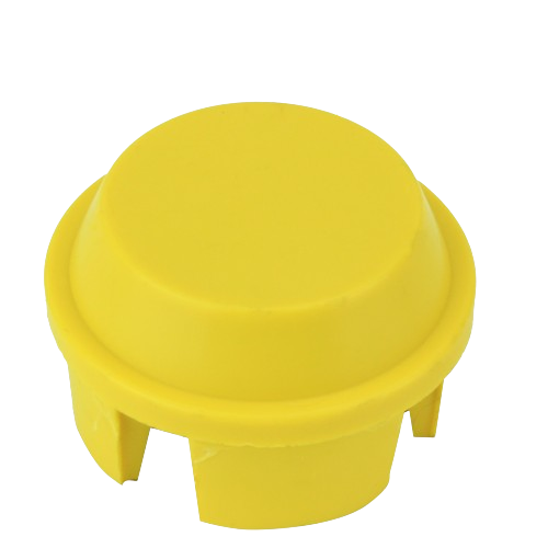 Yellow plastic gauge wheel cap designed for replacement parts in tools and home improvement projects