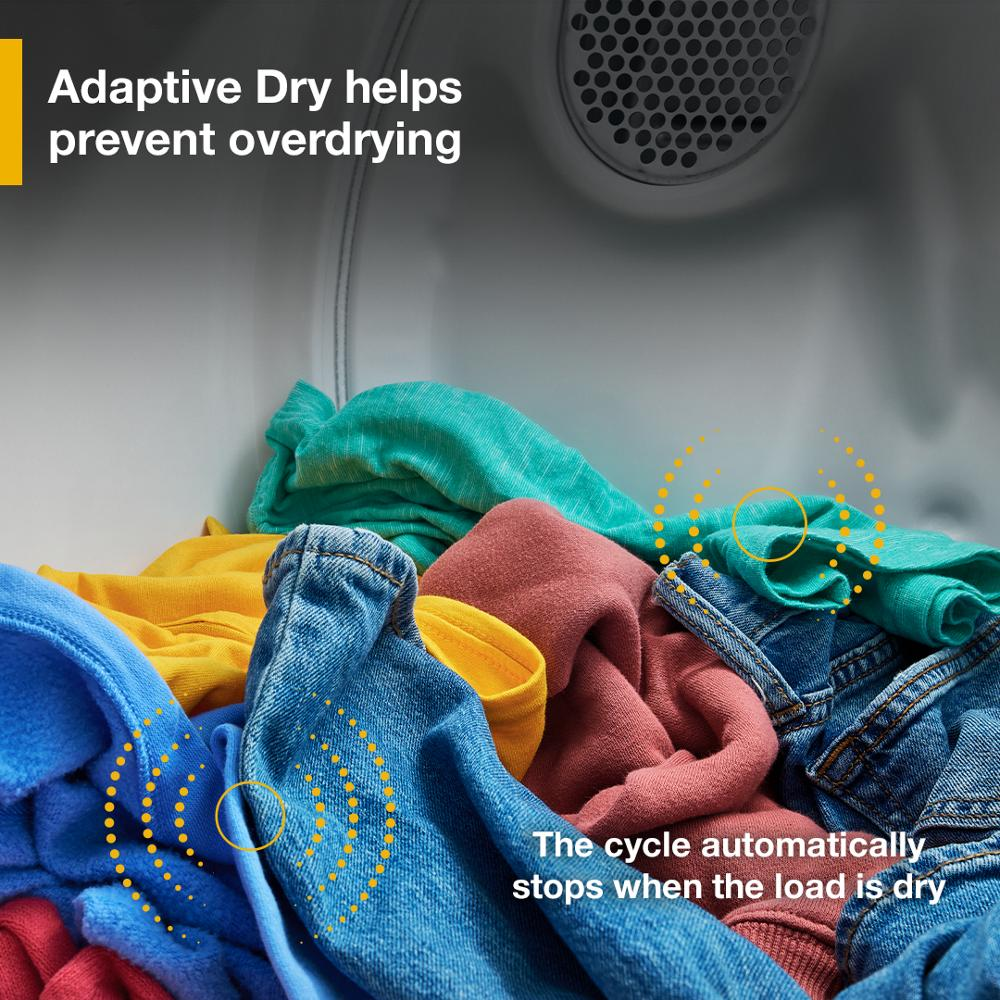 Inside view of vented dryer drum with colorful laundry showcasing Adaptive Dry sensor technology in appliances collection