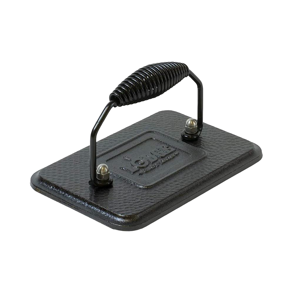 Heavy-duty rectangular cast iron grill press with coil handle, durable kitchen tool for even cooking under $50 collection