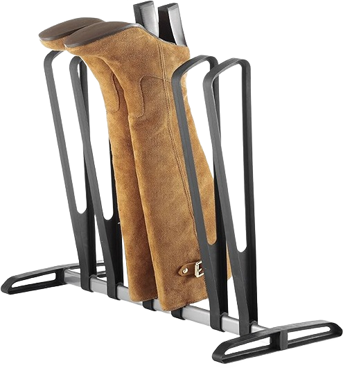 Black boot rack with adjustable slots holding three pairs of boots for closet organization and storage under $50 collections