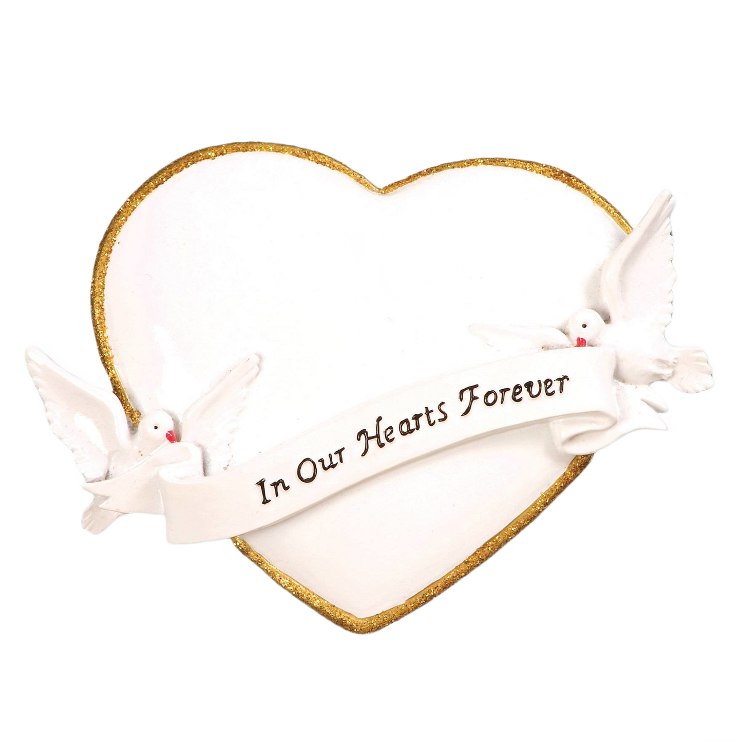 White heart-shaped ornament with gold trim and two doves holding a ribbon saying In Our Hearts Forever, Christmas décor under $50