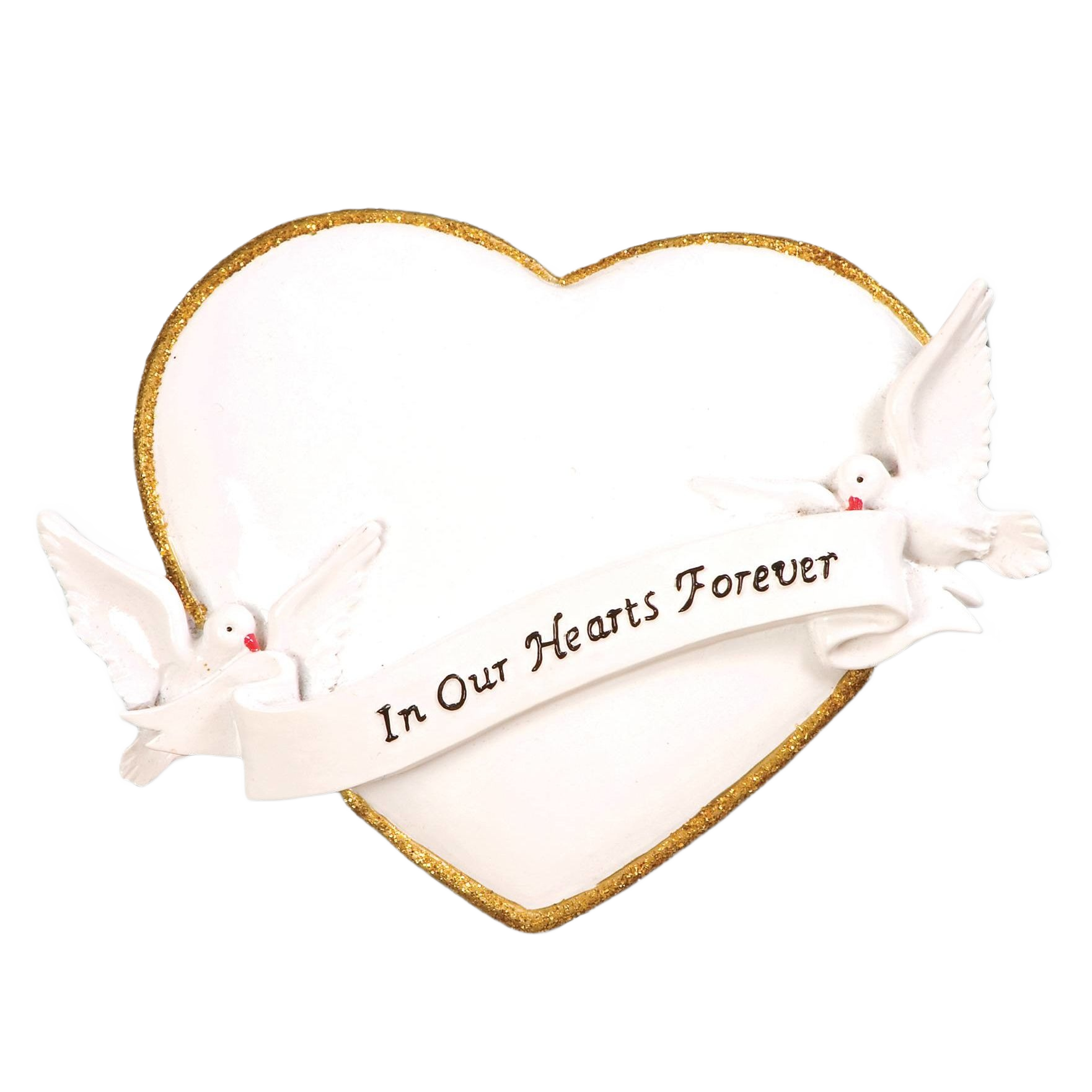 White heart-shaped ornament with gold trim and two doves holding a ribbon saying In Our Hearts Forever, Christmas décor under $50