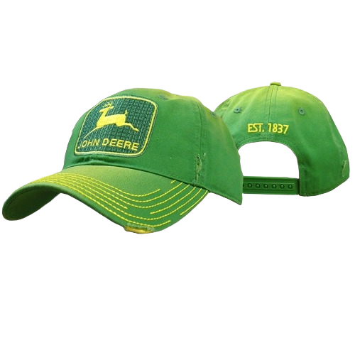 Green twill cap with vintage yellow and green John Deere logo and adjustable snapback in accessories collection