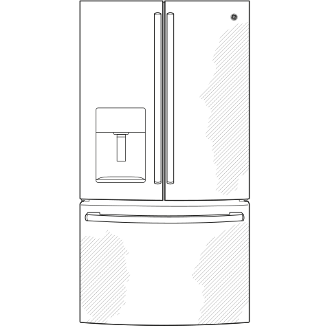 Front view line drawing of stainless steel French-door refrigerator with bottom freezer and water dispenser panel.