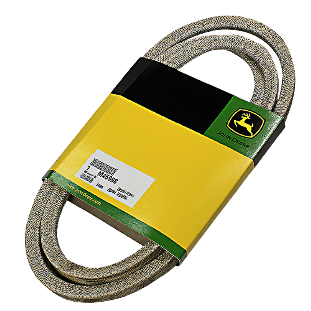 John Deere M45998 belt wrapped in yellow and green branded packaging for automotive and tractor parts replacement