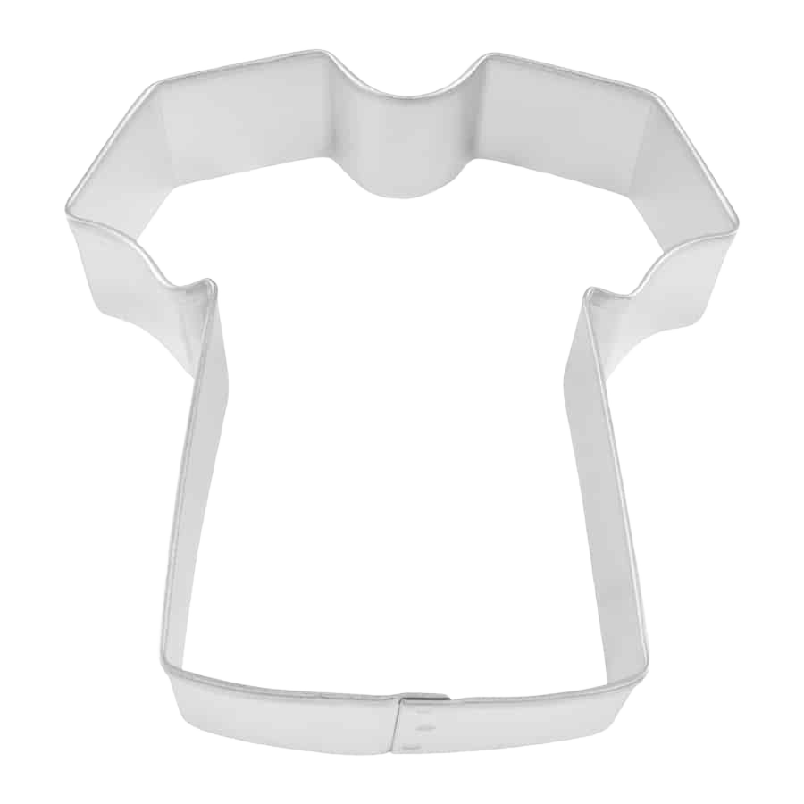 Metal cookie cutter shaped like a short-sleeve shirt for baking and craft projects