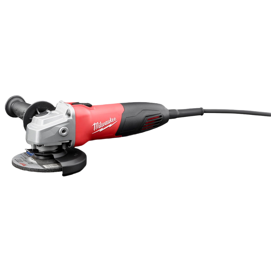 Red and black corded angle grinder with side handle and metal gear housing, designed for heavy-duty sanding and grinding in electric power tool rentals at Hartville Hardware.