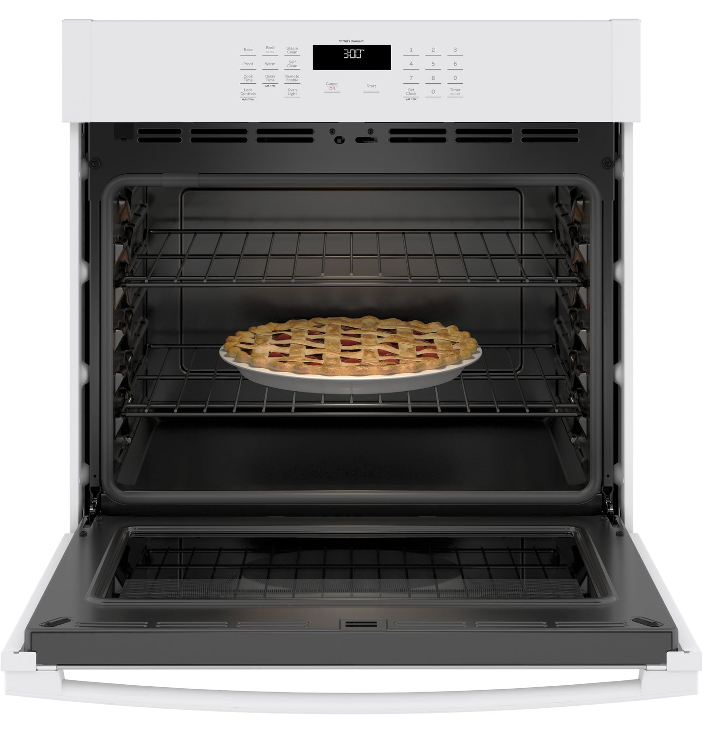 Open white smart built-in single wall oven with digital display and lattice-top pie on middle rack