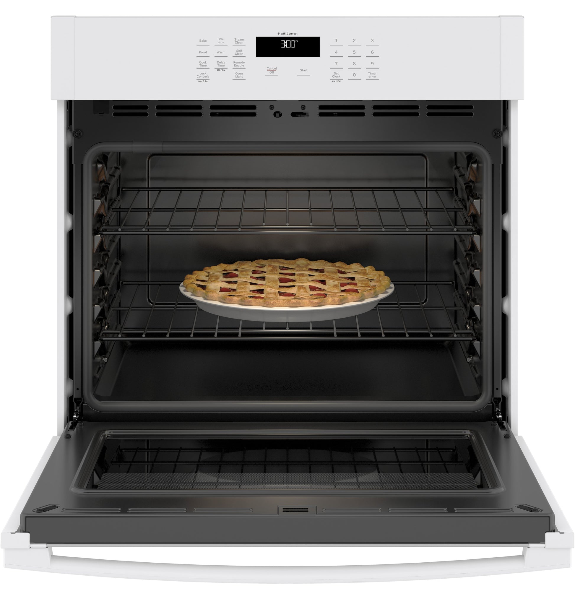 Open white smart built-in single wall oven with digital display and lattice-top pie on middle rack