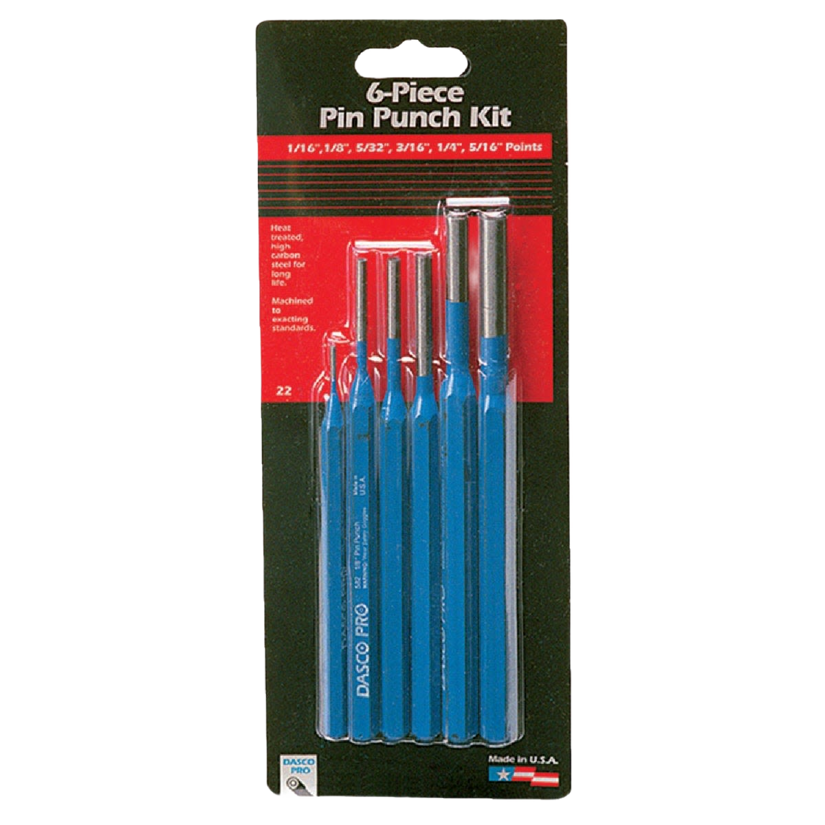 Set of six blue metal pin punches with various point sizes for precision in home improvement and tool use tasks
