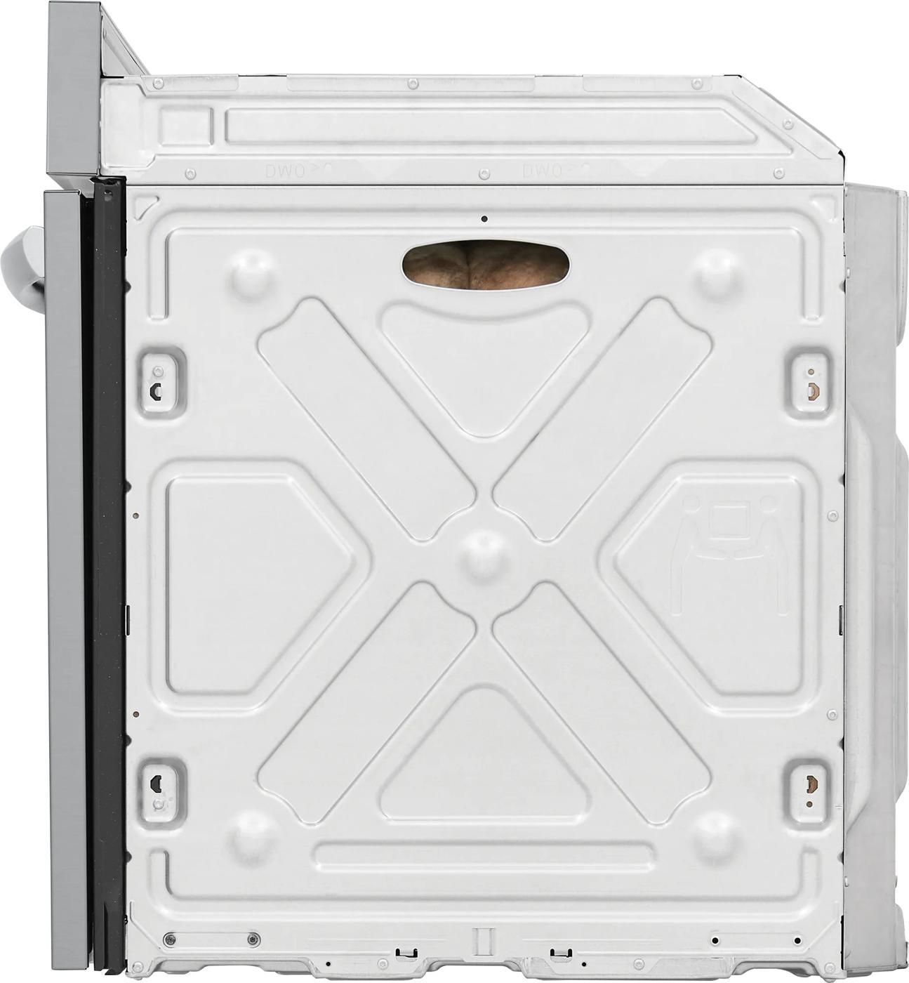 Side view of 30" electric wall oven showing metal casing and structural details for installation in kitchen wall unit