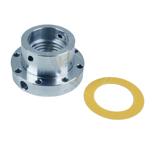Aluminum faceplate with multiple large screw holes and a yellow gasket for woodworking tools collection