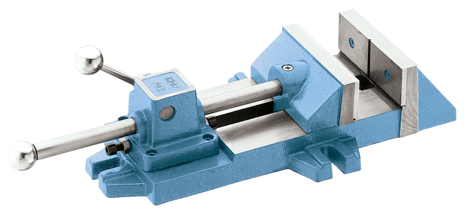 Blue and silver quick release vise with smooth steel jaws and dual handles for tools and home improvement projects