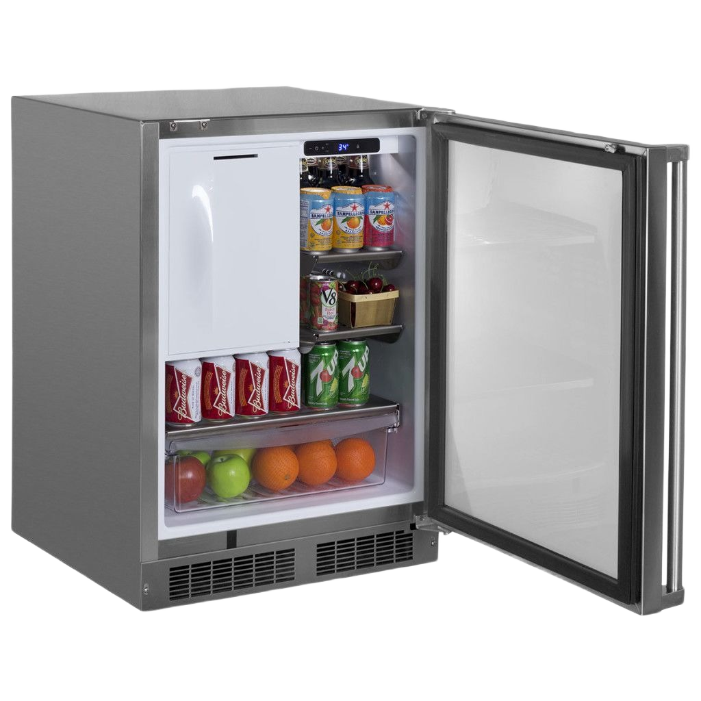 Open stainless steel outdoor refrigerator with ice maker kit, beverage shelves, and produce drawer storage compartments