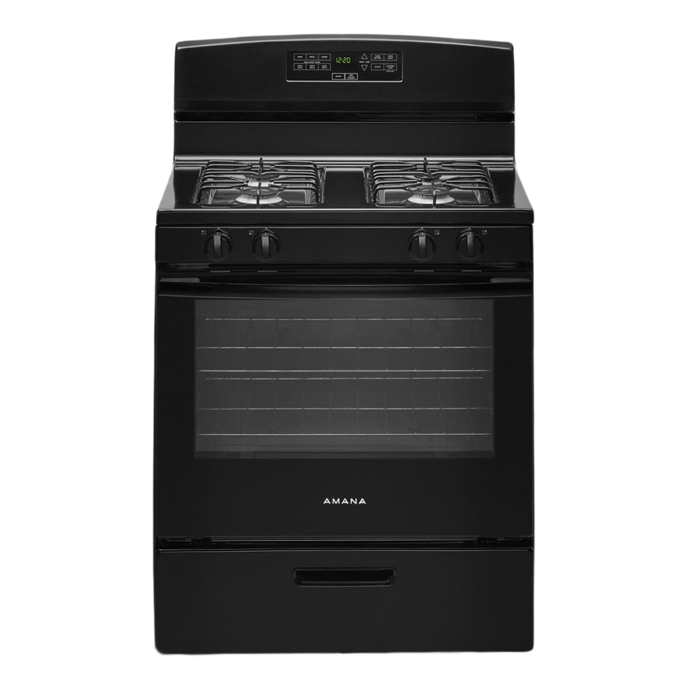 Black gas range with digital control panel, four burners, oven window, and storage drawer in Ranges & Cooktops collection