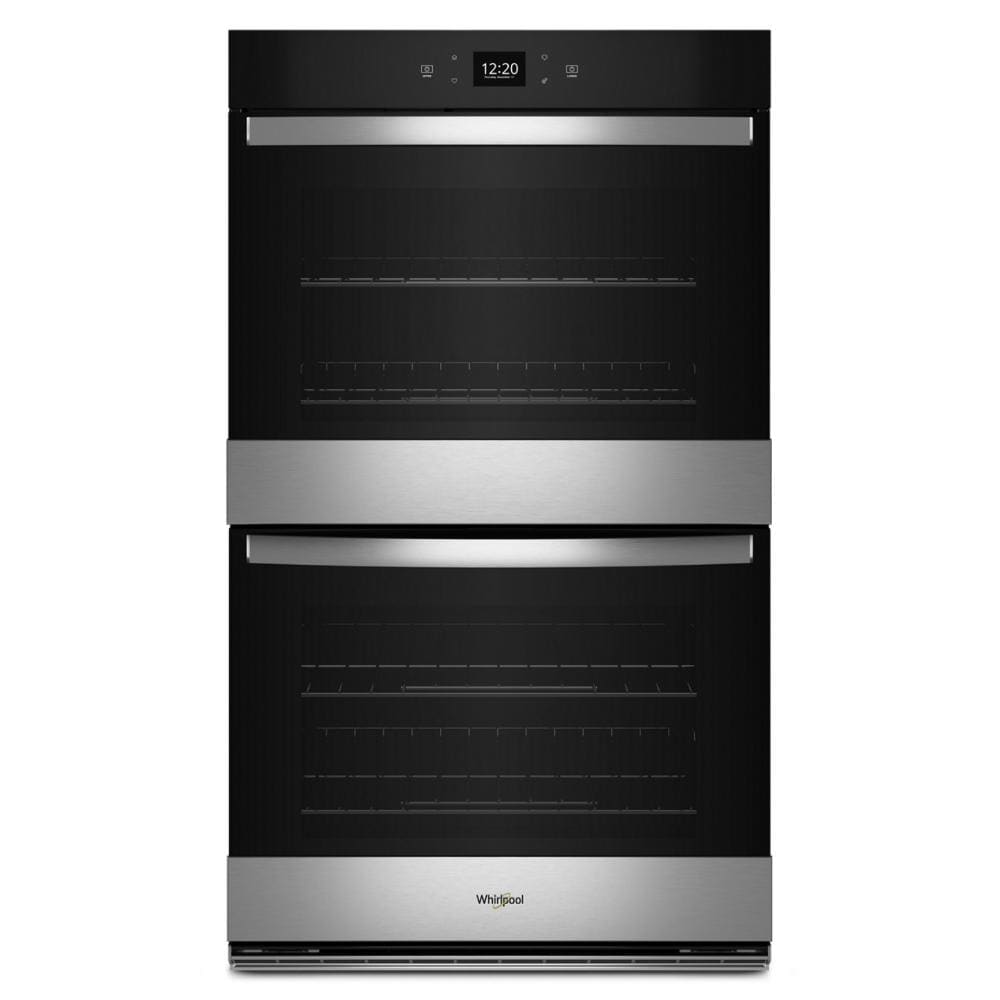 Black Whirlpool double wall oven with digital display and stainless steel accents from Double Wall Ovens collection