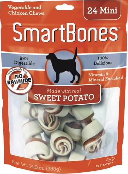 Orange and white mini sweet potato dog chews in resealable pouch for pet treats and dog food under $50 collections