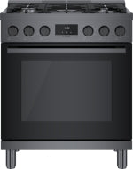 Front view of black stainless steel dual fuel freestanding range with metal knobs and digital display for kitchen appliances collections