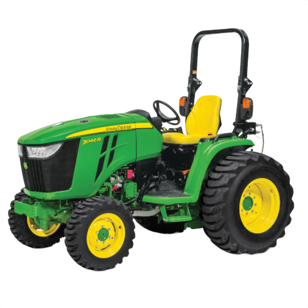 Green and yellow John Deere 3046R compact tractor with rollover protective structure and rugged tires, featured in Outdoor Power Equipment at Hartville Hardware.