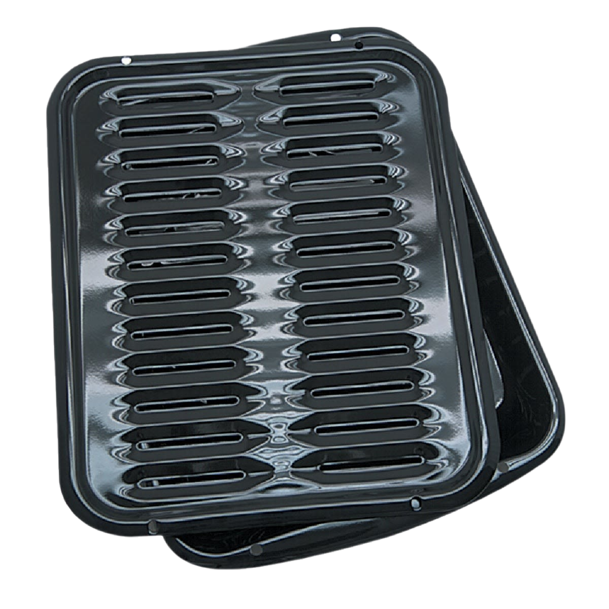 Black porcelain broiler pan set with perforated top tray for easy cleaning in kitchenware and home improvement collections