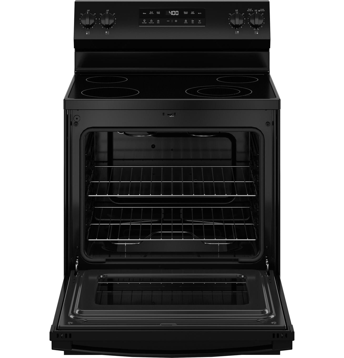 Open black free-standing electric range with glass cooktop, oven racks, and digital control from Ranges & Appliances collections
