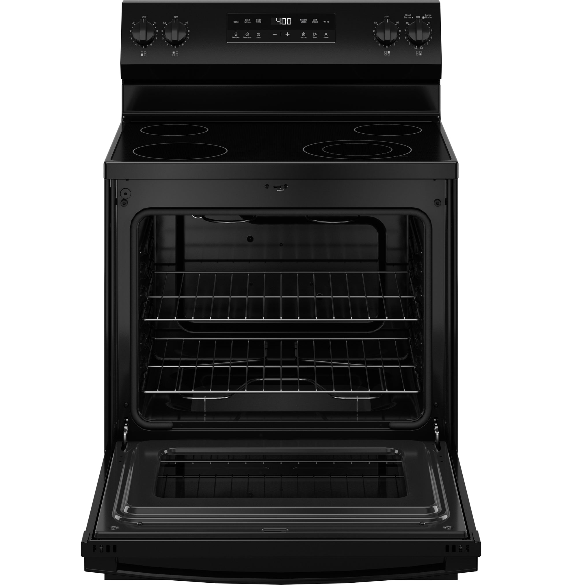 Open black free-standing electric range with glass cooktop, oven racks, and digital control from Ranges & Appliances collections