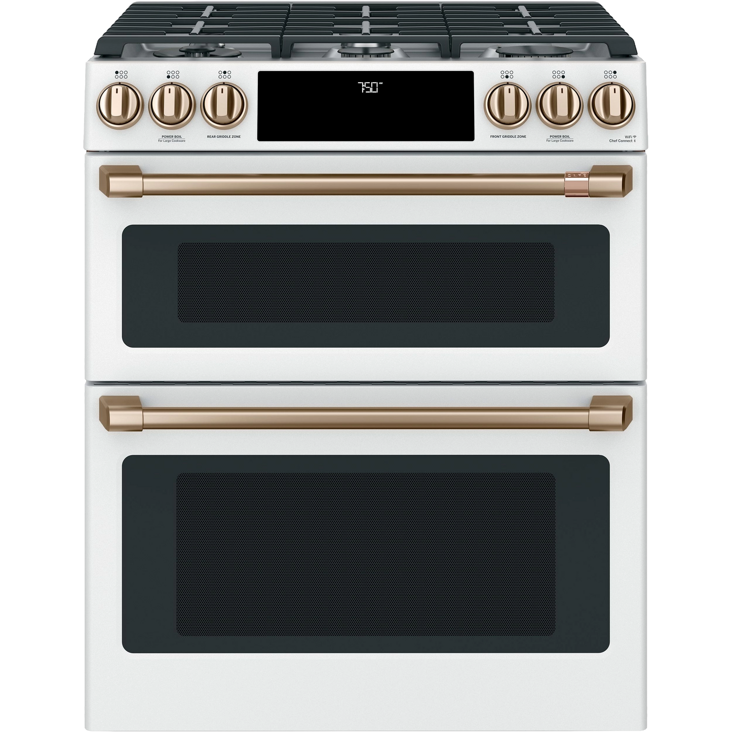 White slide-in gas double-oven range with convection, front controls, and bronze-tone handles from Ranges collection