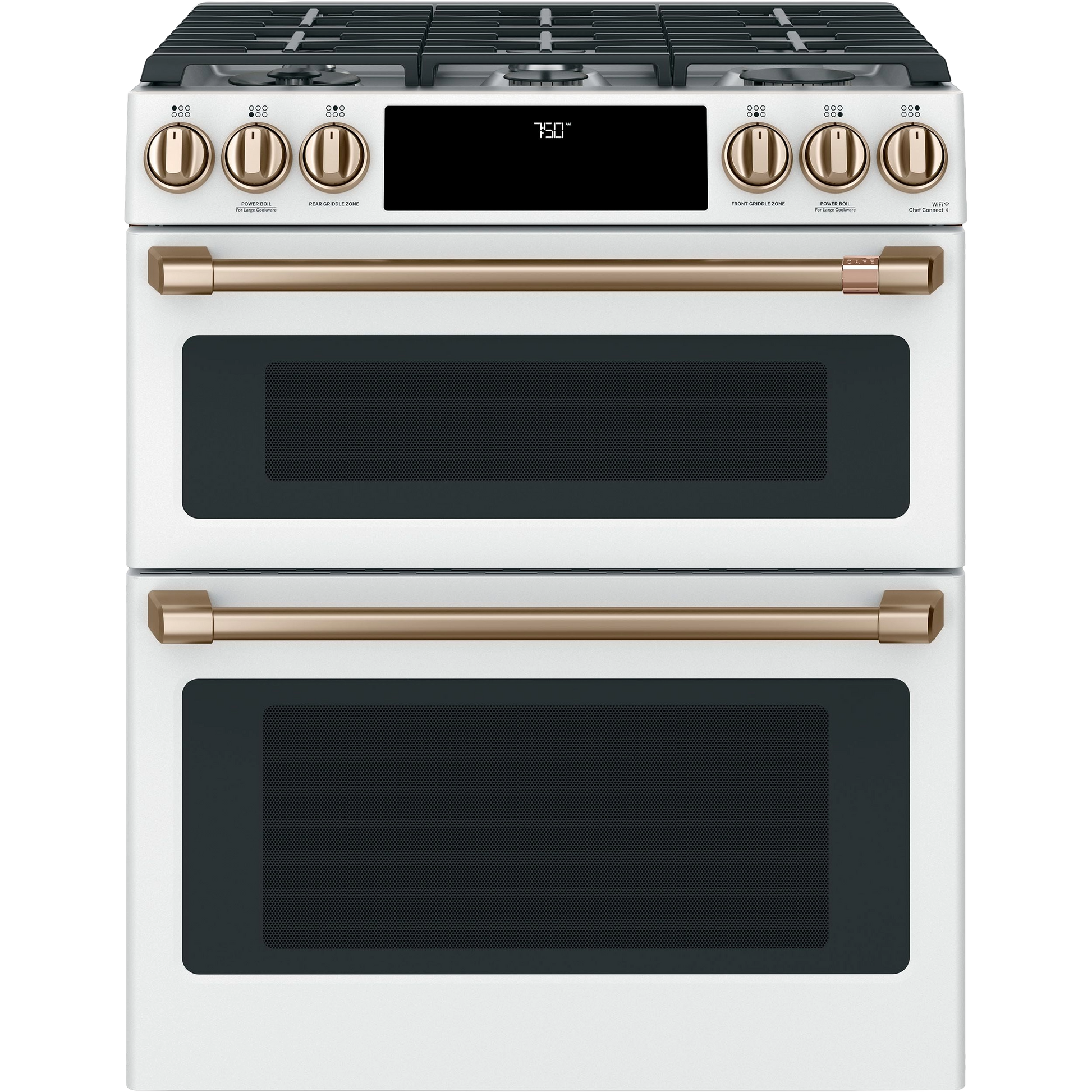 White slide-in gas double-oven range with convection, front controls, and bronze-tone handles from Ranges collection