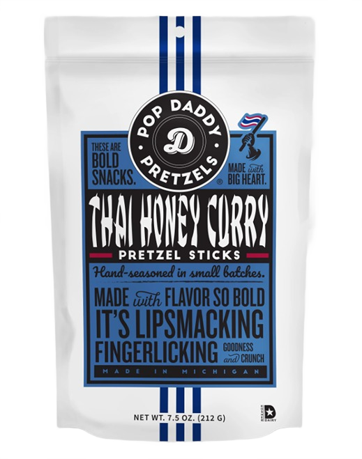 White and blue resealable bag of Pop Daddy Snacks Thai Honey Curry seasoned pretzel sticks with bold text design