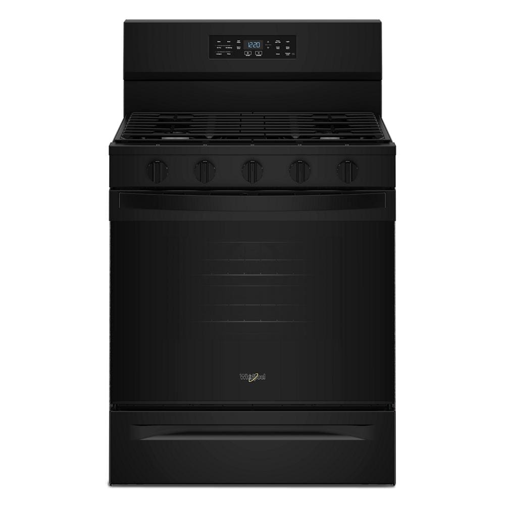 black 30-inch gas range with digital control panel, five knobs, and EZ-2-Lift hinged grates in kitchen appliances collection