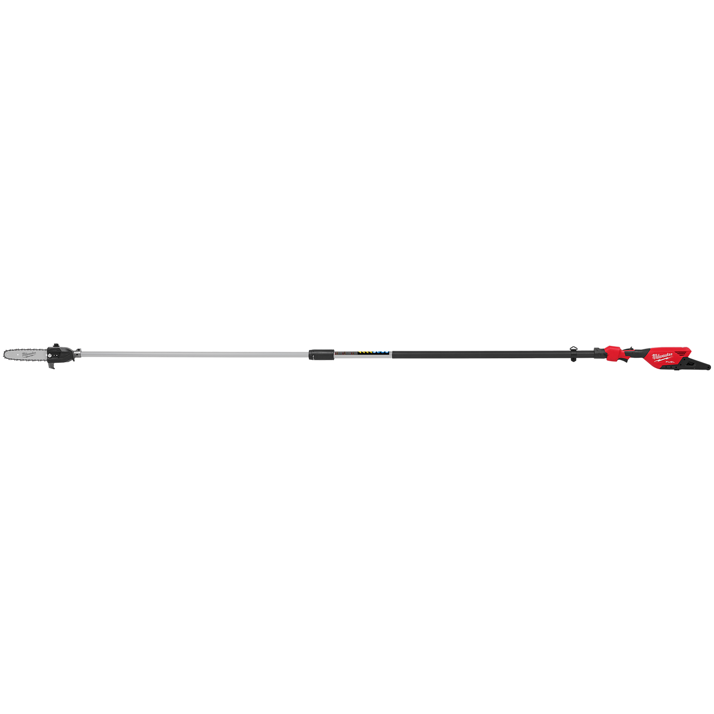 Long telescoping pole saw with red and black battery-powered motor for outdoor tree trimming and home improvement tasks