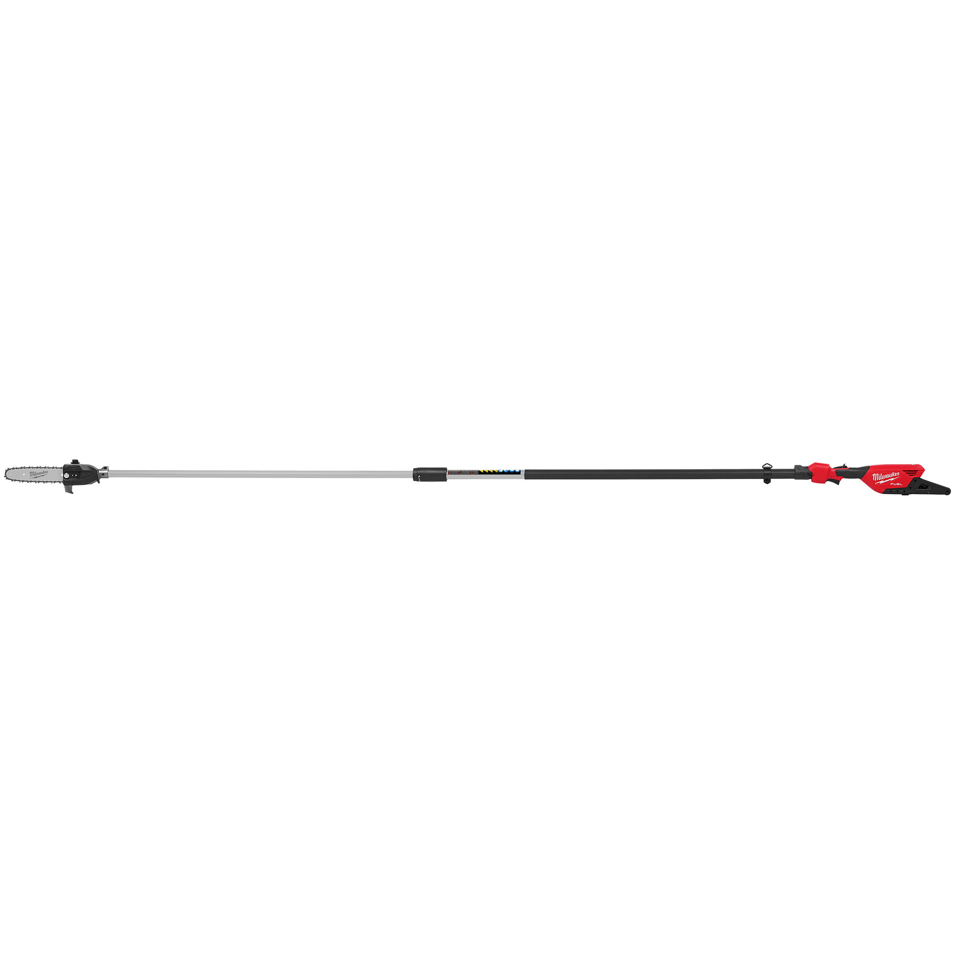Long telescoping pole saw with red and black battery-powered motor for outdoor tree trimming and home improvement tasks