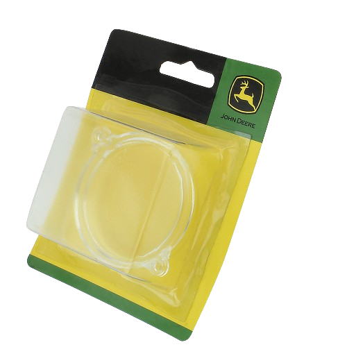 Clear plastic fuel tank lens with filler cap in branded John Deere packaging for automotive parts and accessories