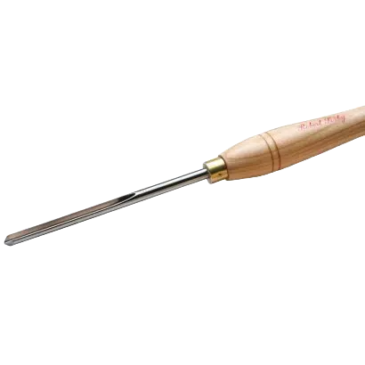 Woodturning gouge with polished steel blade and smooth wooden handle designed for precision woodworking tasks