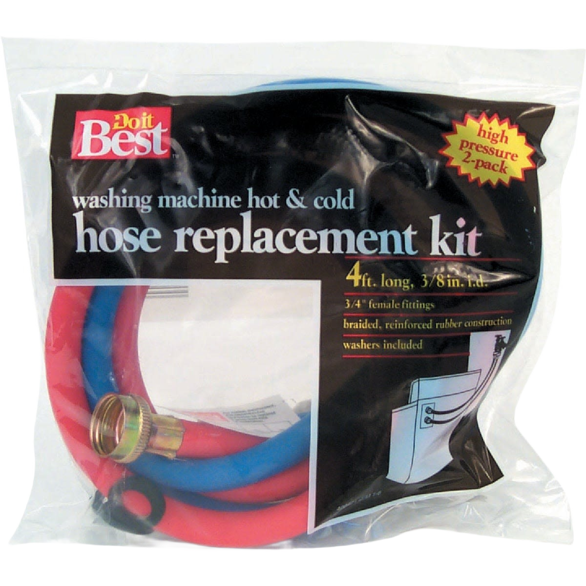 Two-piece braided rubber washing machine hose replacement kit with hot and cold water fittings for plumbing repairs under $50