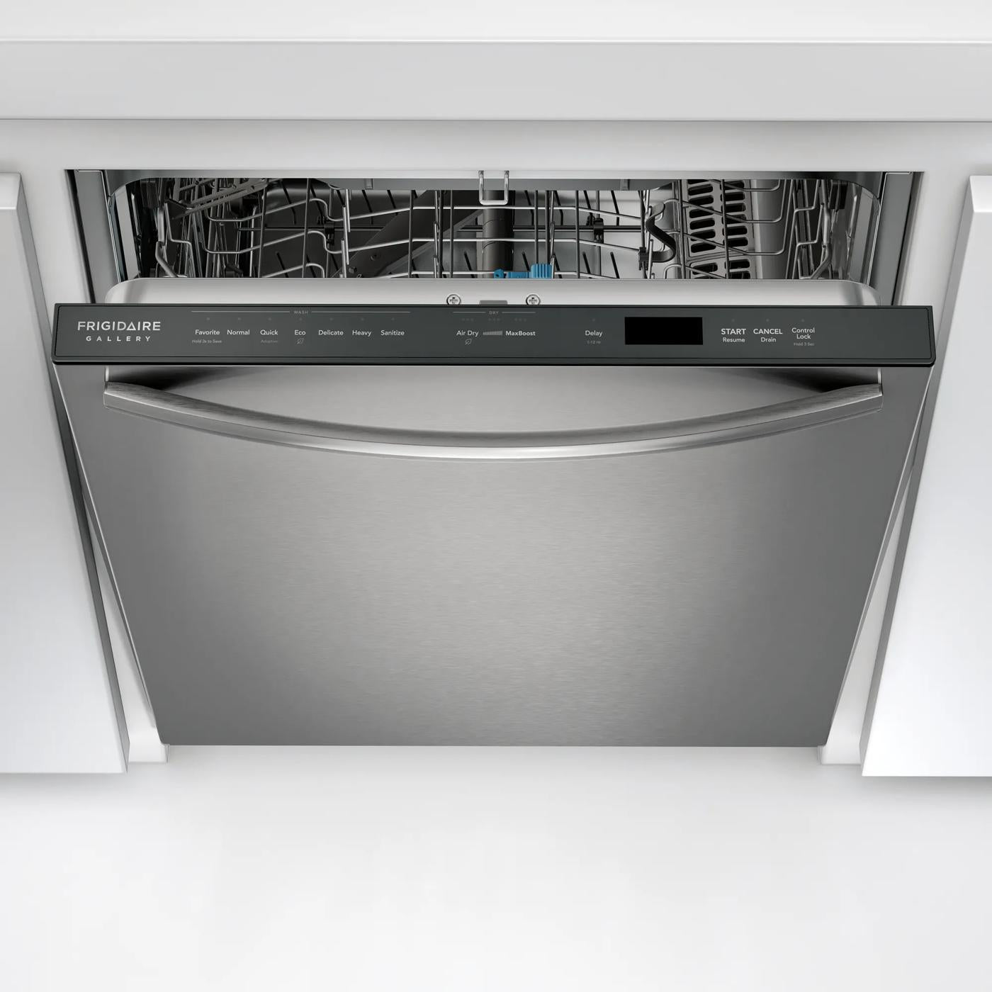 built-in stainless steel dishwasher with open door showing interior racks in kitchen appliances and dishwashers collection