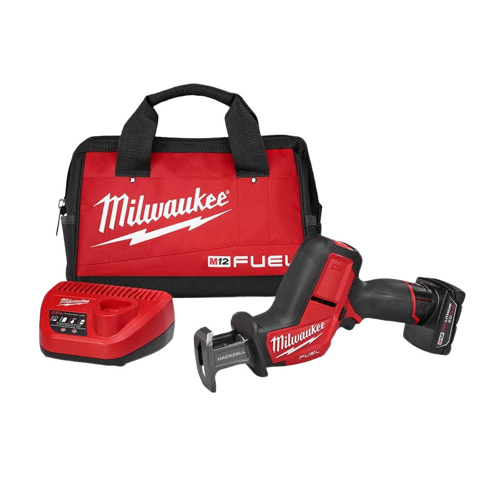 Compact cordless reciprocating saw with battery, charger, and red carrying bag for tools and home improvement.
