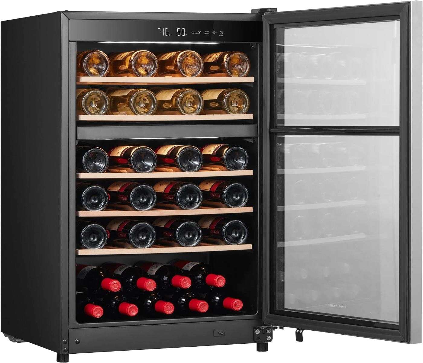 Black compact beverage cooler with a stainless-steel frame, tinted glass door open to reveal natural wood shelves stocked with wine bottles, featured in Refrigerators, Kitchen & Kitchenware, Beverage Centers, All Products, and Appliances collections.