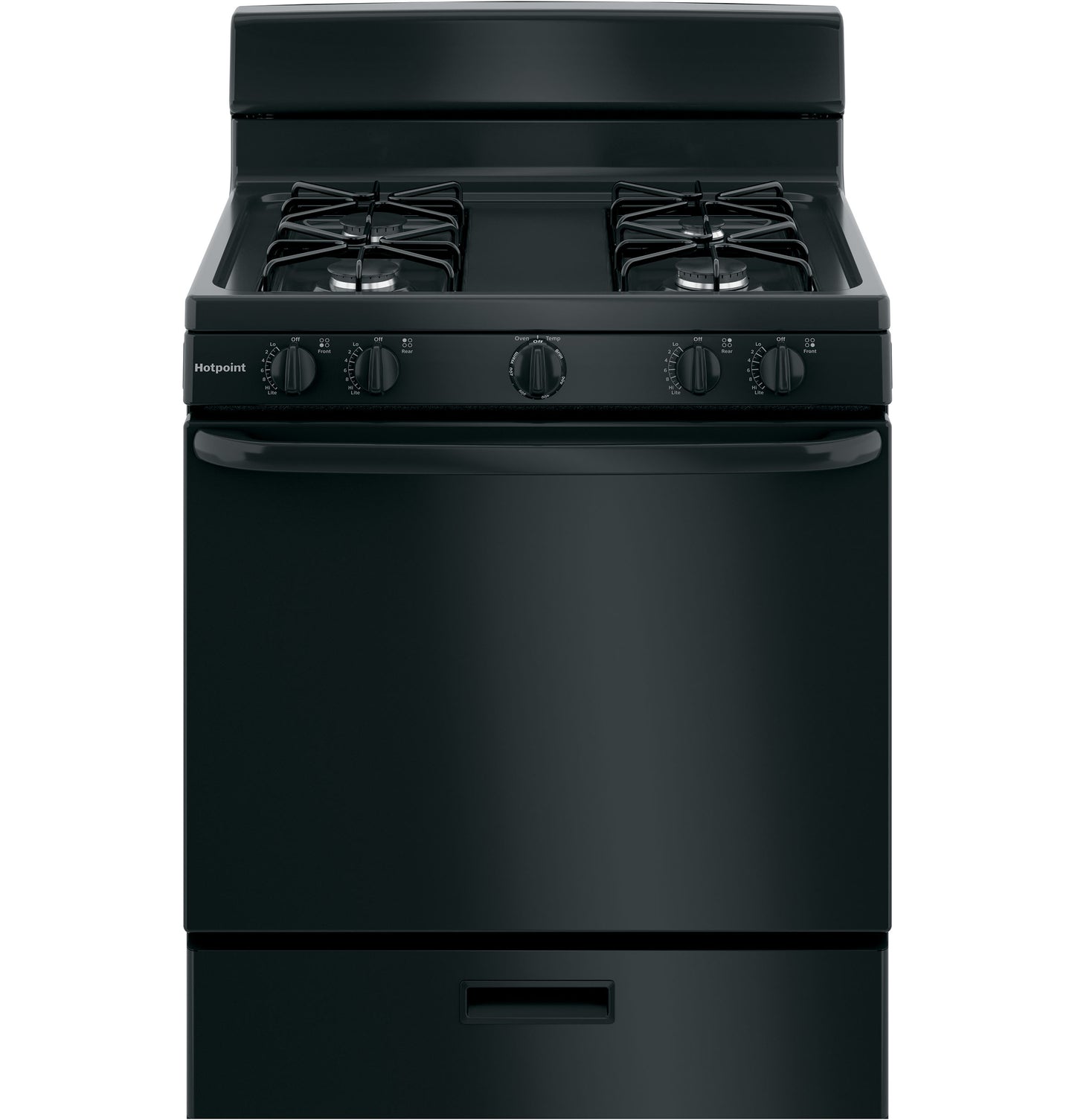 Black free-standing gas range with four burners and control knobs in ranges and kitchen appliances collection