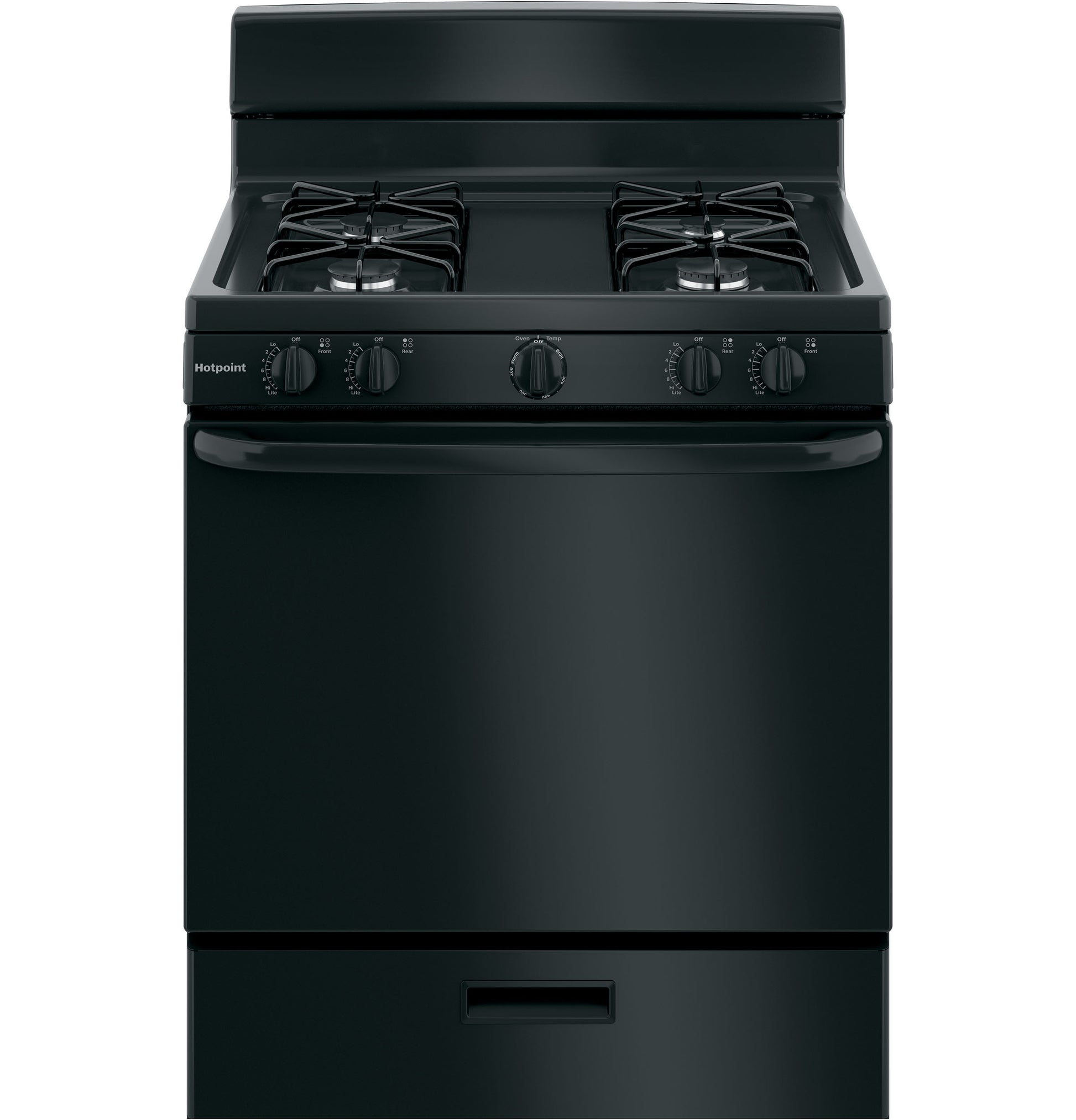 Black free-standing gas range with four burners and control knobs in ranges and kitchen appliances collection