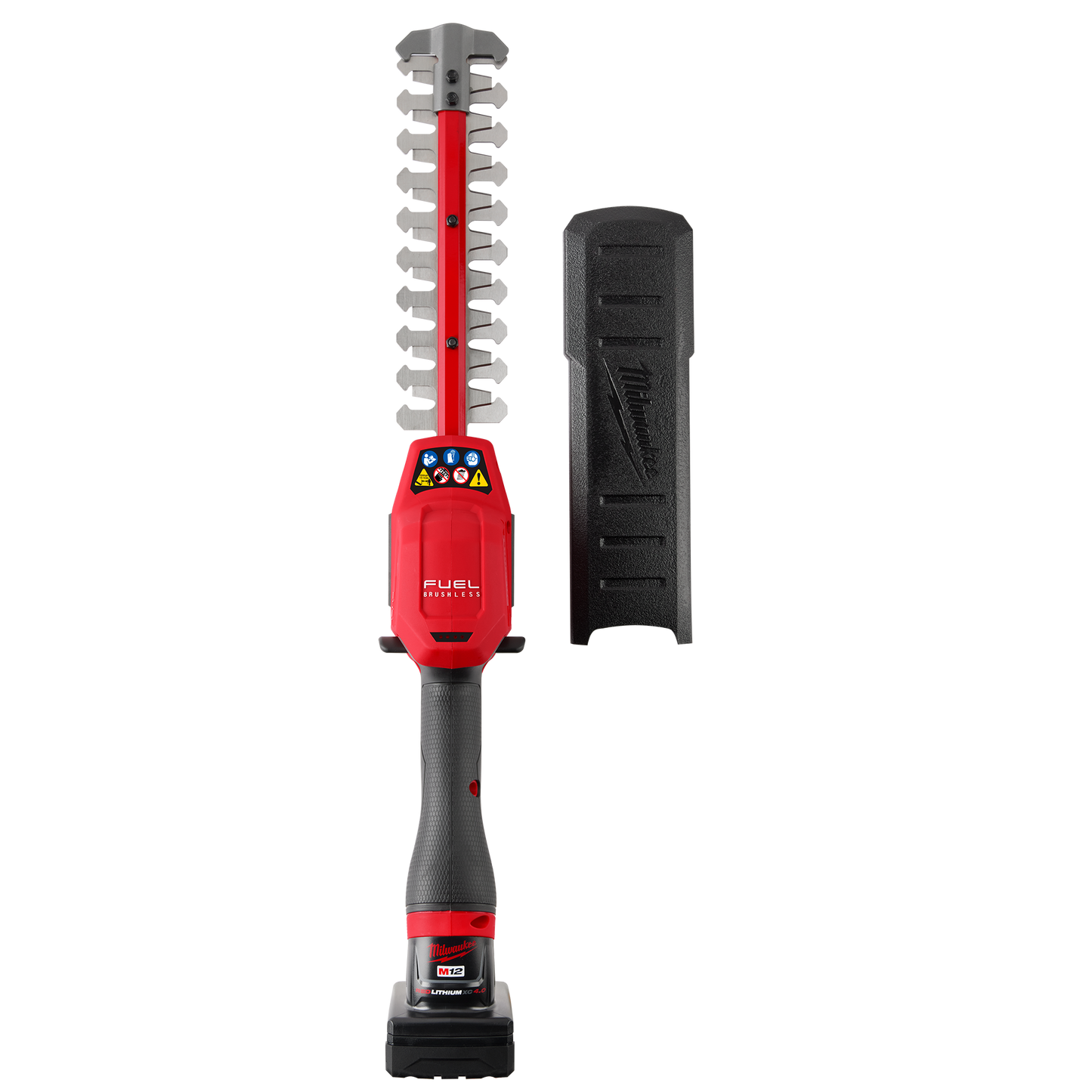 Red and black Milwaukee cordless hedge trimmer with protective blade cover for precise gardening and home improvement tasks