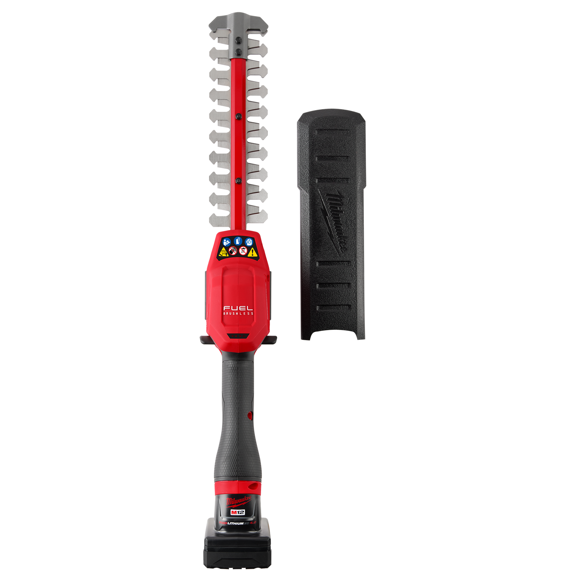 Red and black Milwaukee cordless hedge trimmer with protective blade cover for precise gardening and home improvement tasks